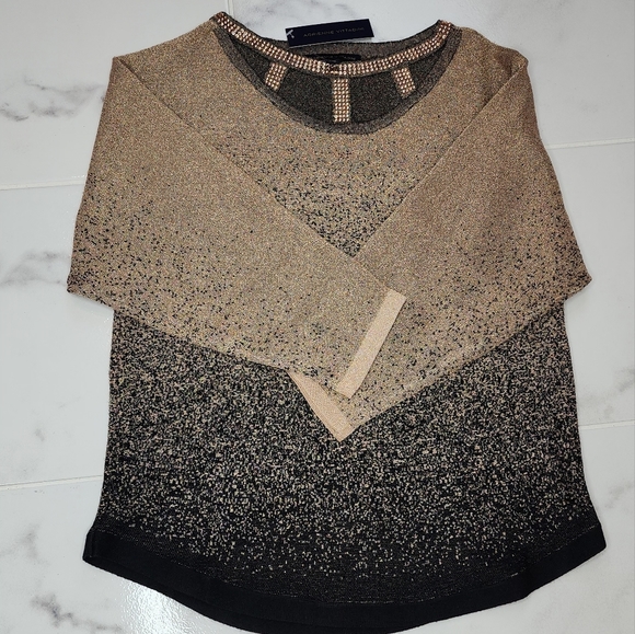 Adrienne Vittadini Three Quarter Sleeve Sweater With Cage Neck and Rhinestones - Picture 6 of 11